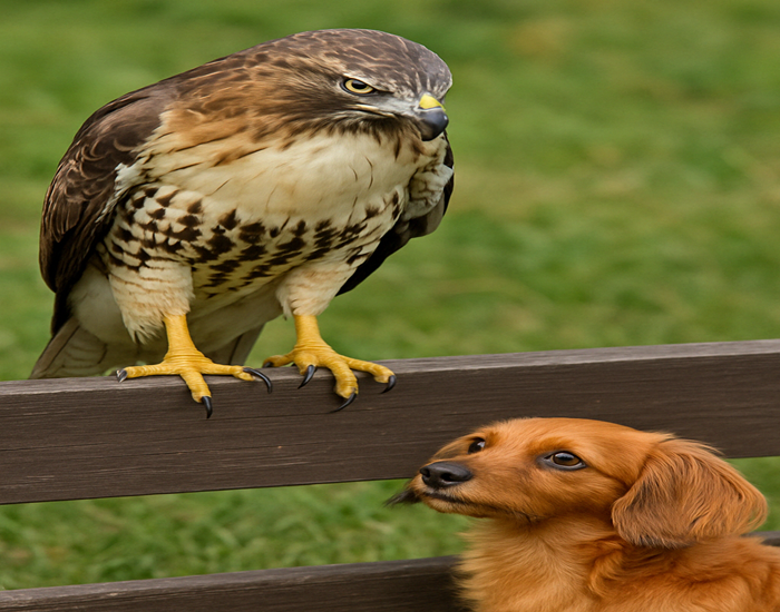 Urban Wildlife Pet Safety: 13 Life-Saving Strategies from Predators 5 Red-tailed hawk perched on fence eyeing small dog