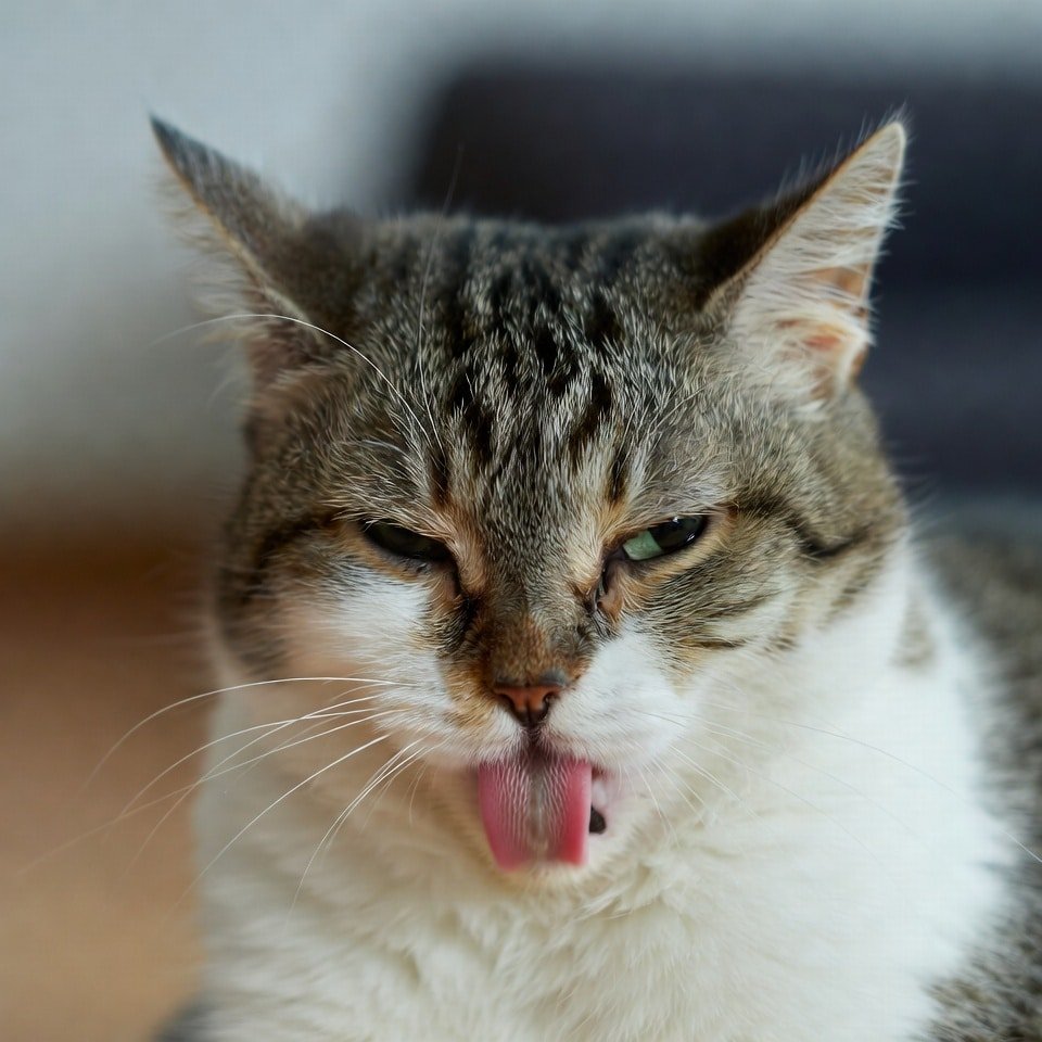 Cat with the tip of its tongue visible in a relaxed blep